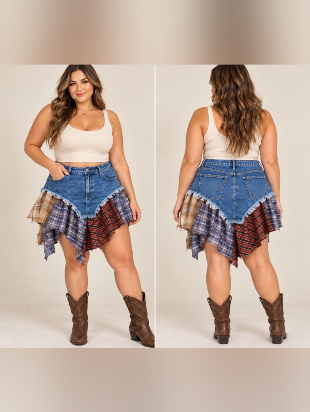 custom upcycled patchwork denim skirt xl plaid deconstructed raw edge